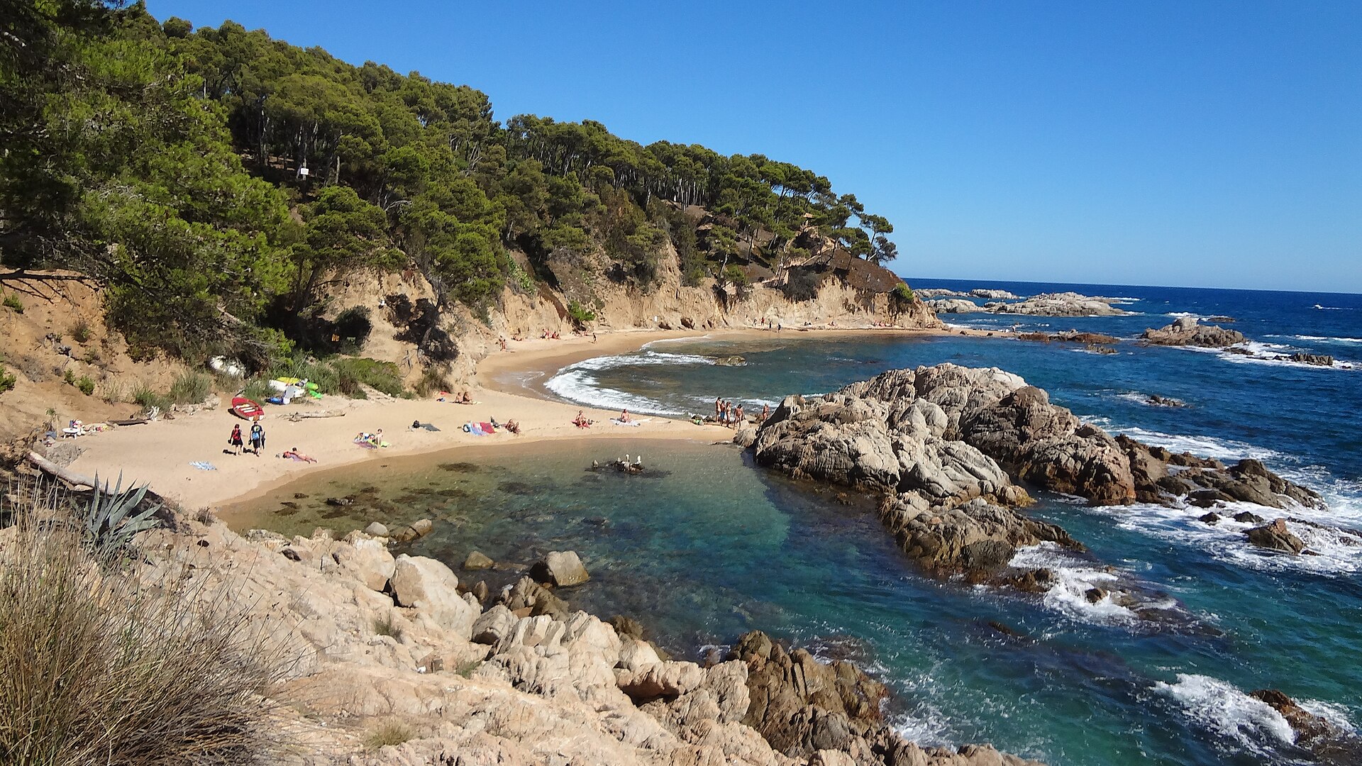 Cala Estreta: praia de areia entre rochas e pinheiros, mar azul, perto de Palamós.