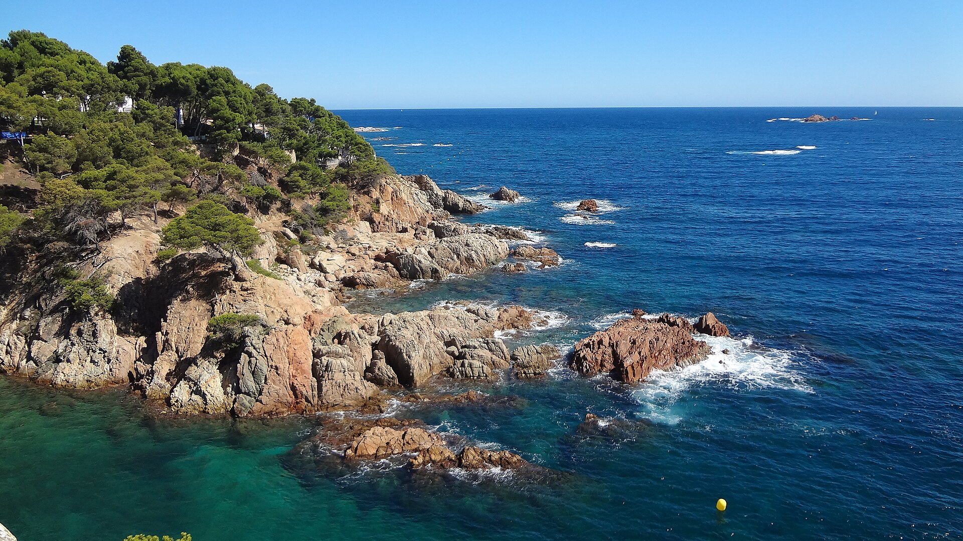 Rocky coast facing the Formigues Islands: pines, waves and turquoise water.