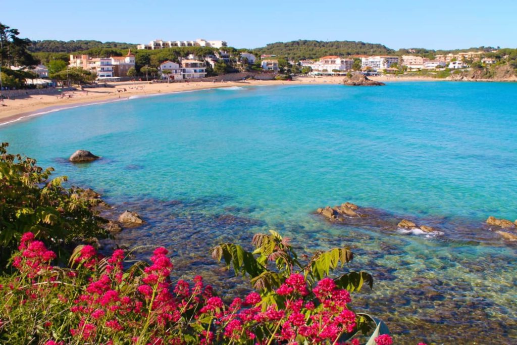 Bucht von La Fosca, türkisfarbenes Wasser und Blumen im Vordergrund — nahe der Ferienwohnung Dalí, La Fosca Bay (Palamós, Costa Brava)