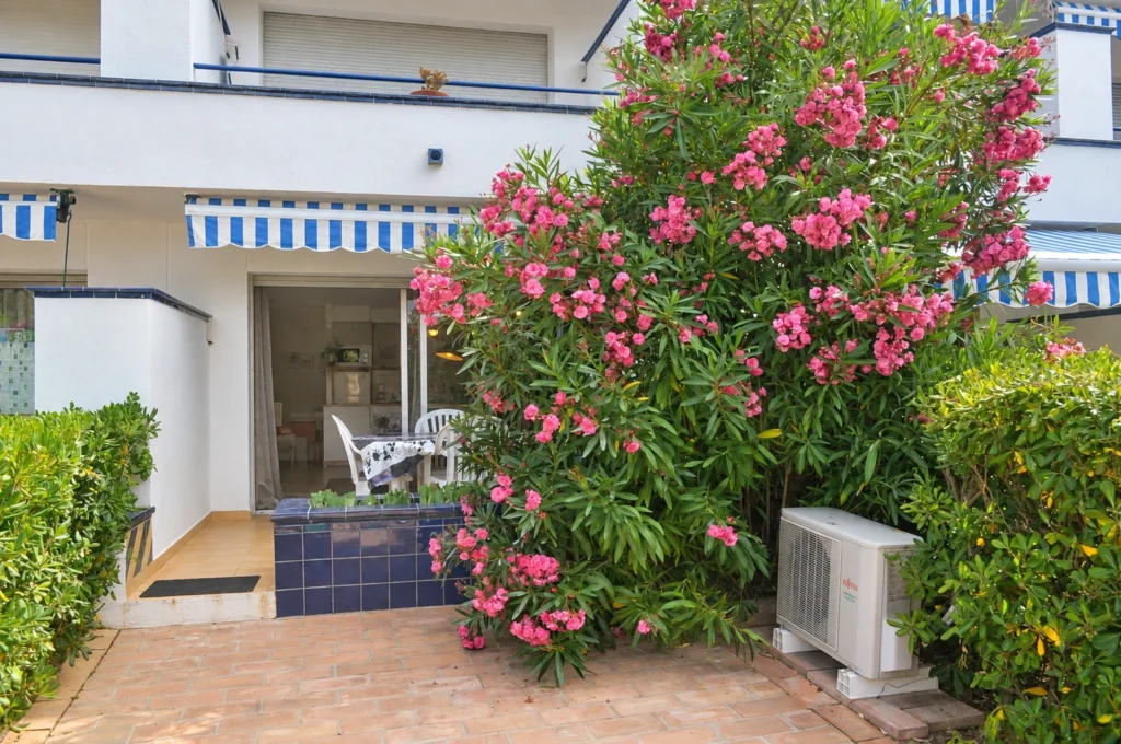 Erdgeschossterrasse mit blühenden Rosenlagersträuchern — Ferienwohnung Dalí, La Fosca Bay (Palamós, Costa Brava)