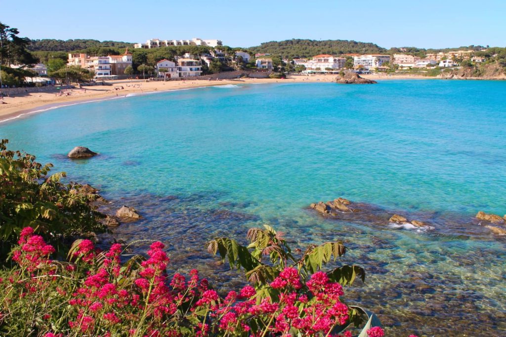 Bucht von La Fosca, türkisfarbenes Wasser und Blumen im Vordergrund — nahe der Ferienwohnung Miró, La Fosca Bay (Palamós, Costa Brava)