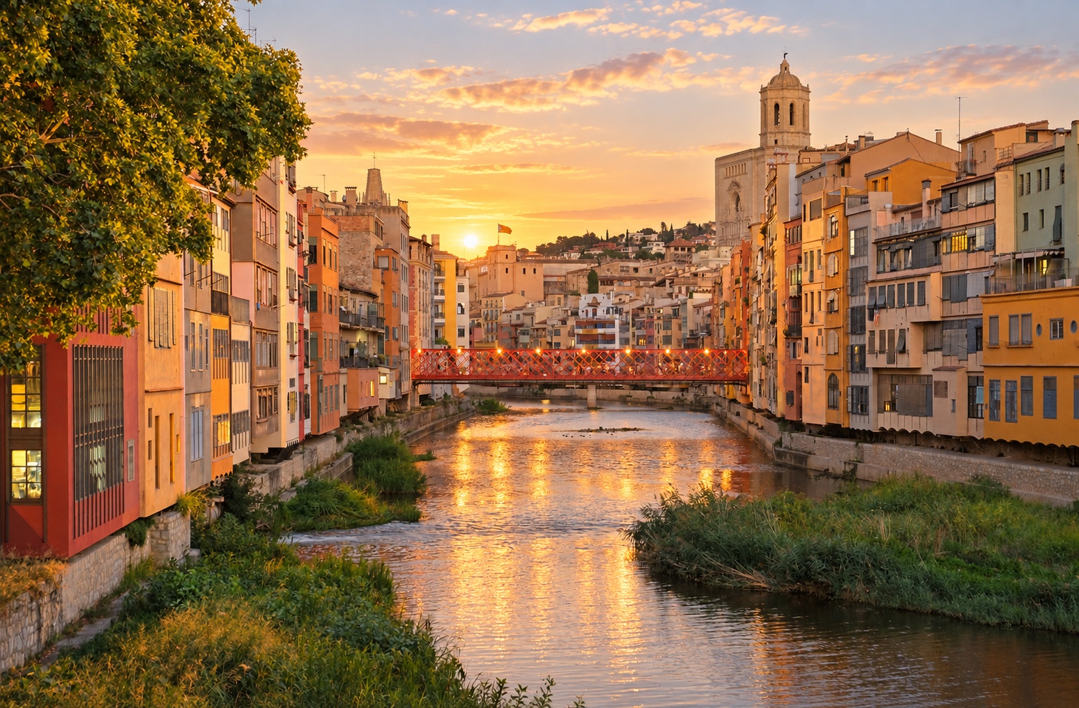 Casas coloridas de Girona na luz dourada do verão